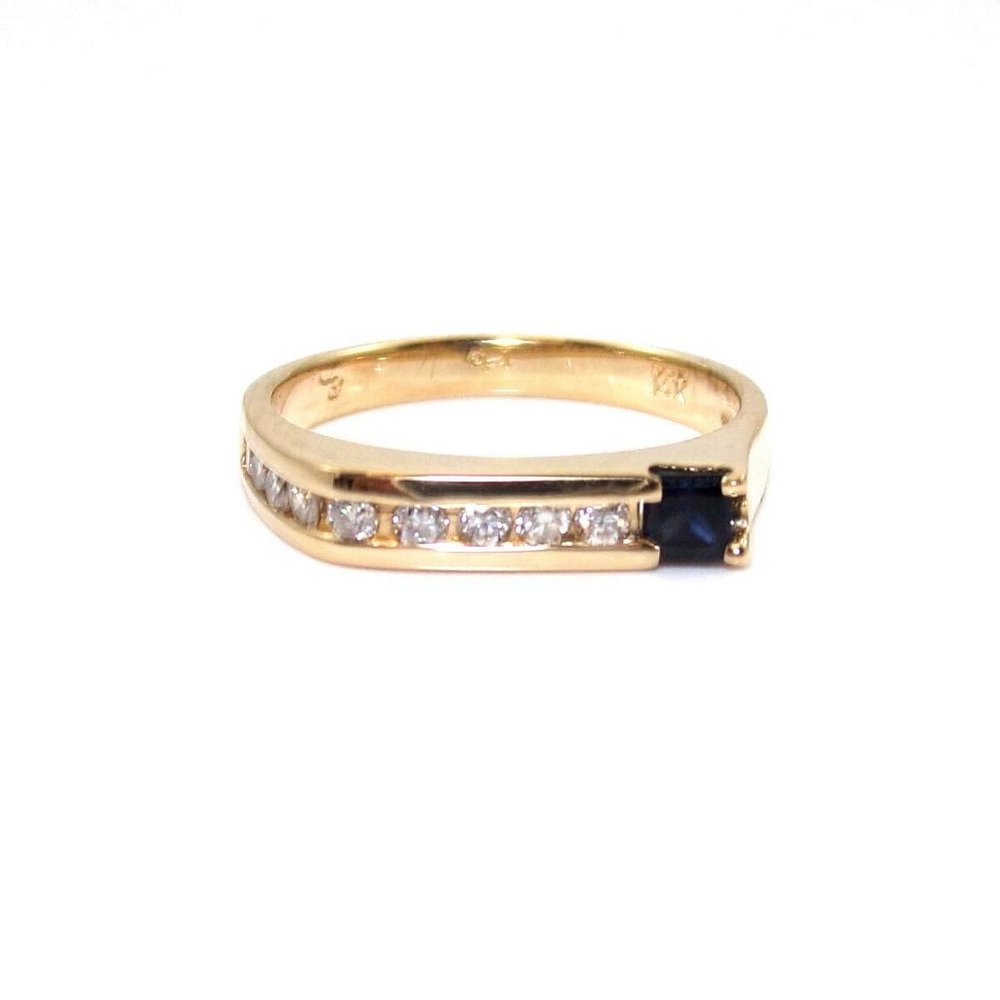 Designer 14K Yellow Gold Blue Sapphire Diamond Ring Size 6.5